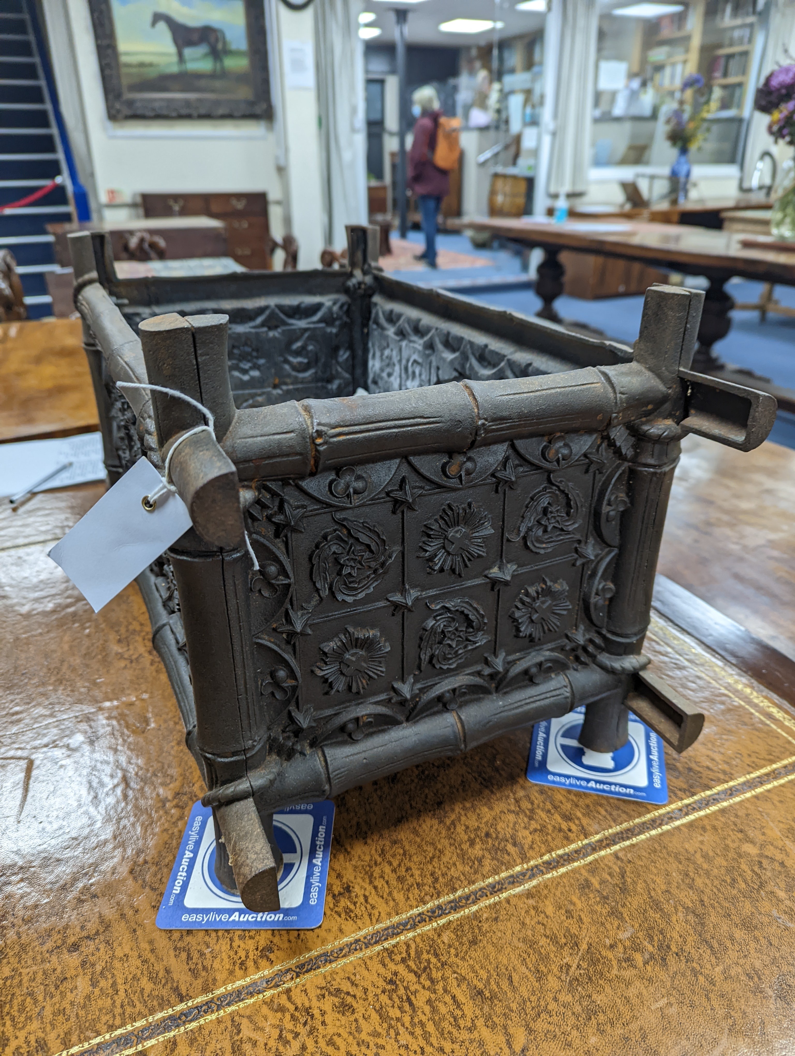 A rectangular Victorian style faux bamboo cast iron planter, width 60cm, depth 30cm, height 32cm